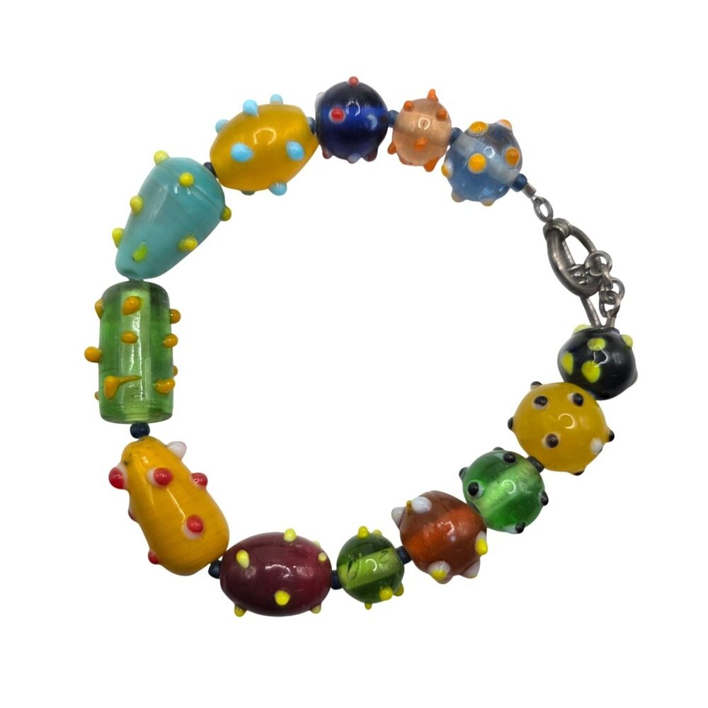 Glass Bead Bracelet Toggle Clasp Multicolor Dotted boho wearable art jewelry